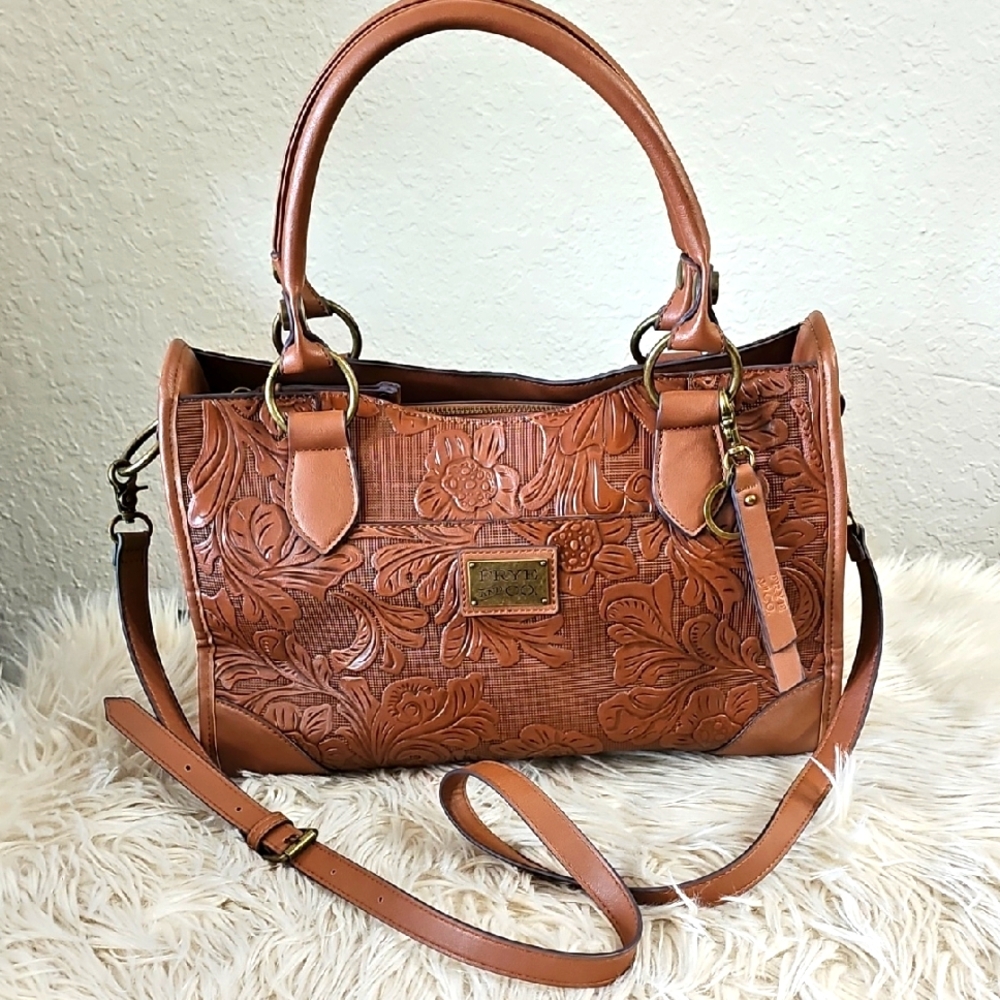Frye and Co Elegant Floral Embossed Tan Handbag